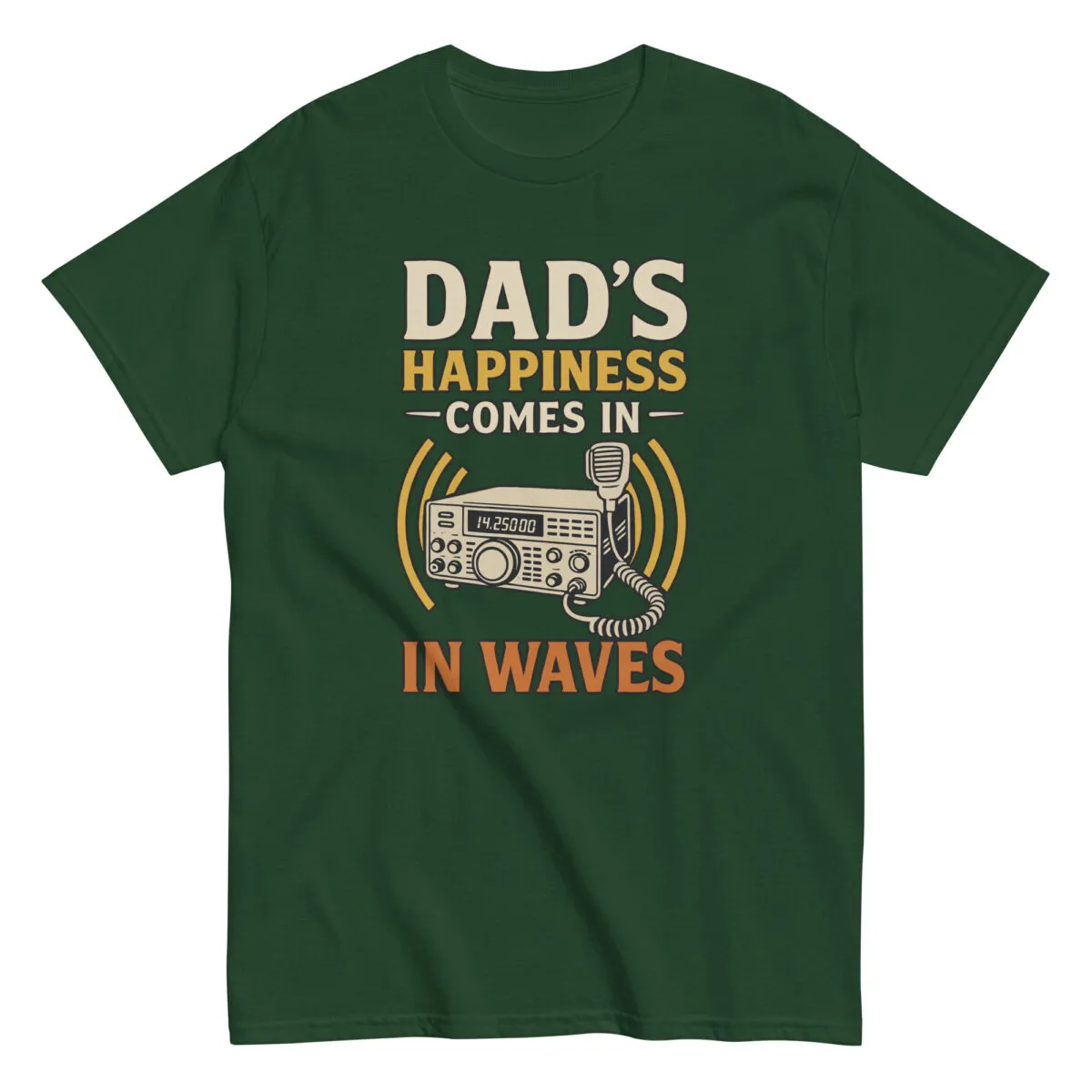Green shirt with radio-themed dad joke print.