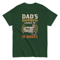 Green shirt with radio-themed dad joke print.