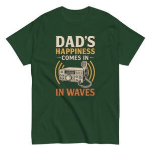 Green shirt with radio-themed dad joke print.