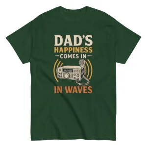 Green shirt with radio-themed dad joke print.