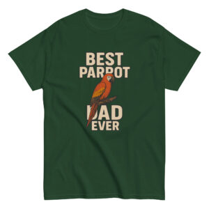 Green T-shirt with 'Best Parrot Dad Ever' design.