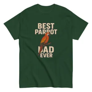 Green T-shirt with 'Best Parrot Dad Ever' design.