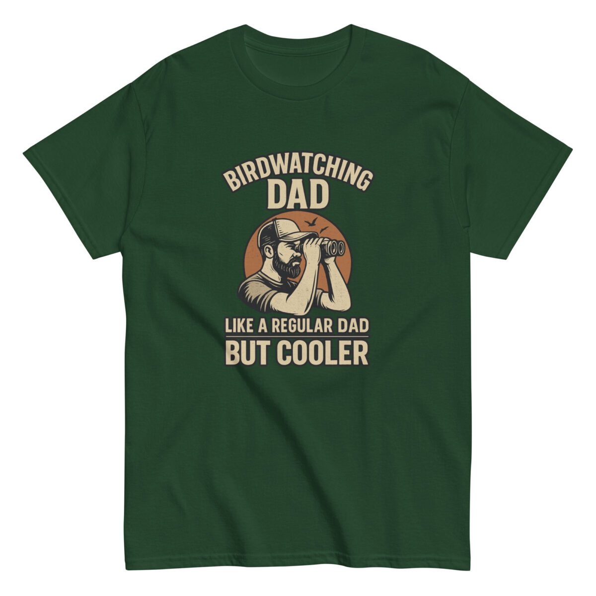 Green shirt with birdwatching dad graphic.