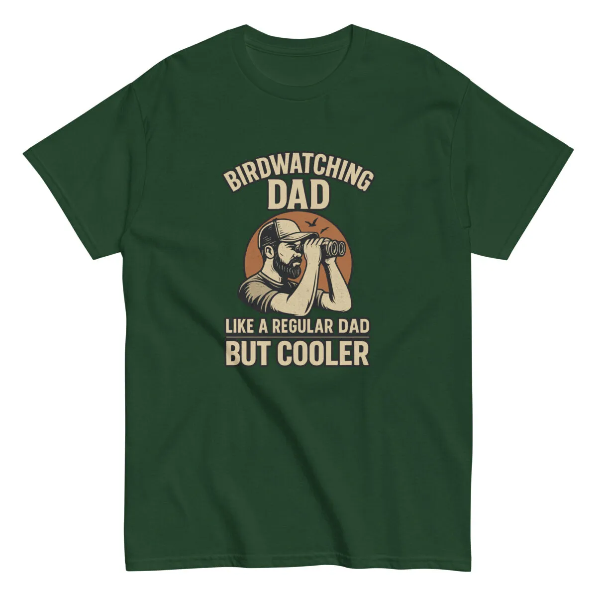 Green shirt with birdwatching dad graphic.