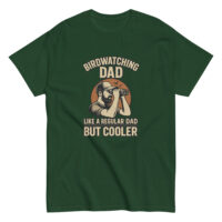 Green shirt with birdwatching dad graphic.