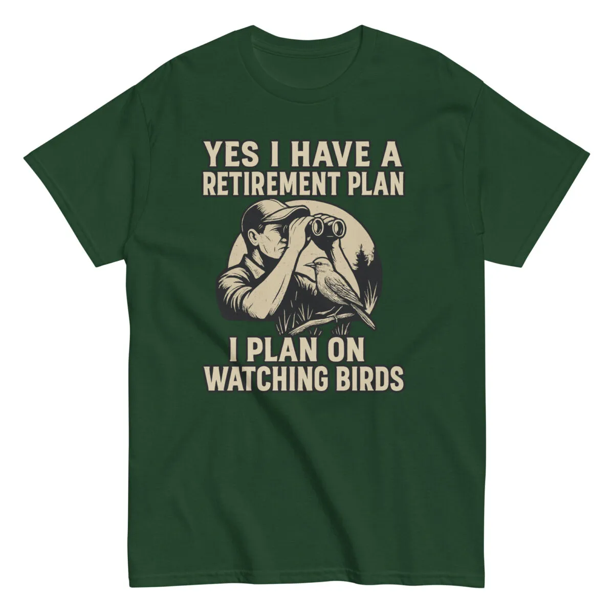 Green shirt with birdwatching retirement plan design