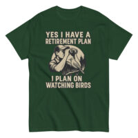 Green shirt with birdwatching retirement plan design