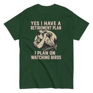 Green shirt with birdwatching retirement plan design