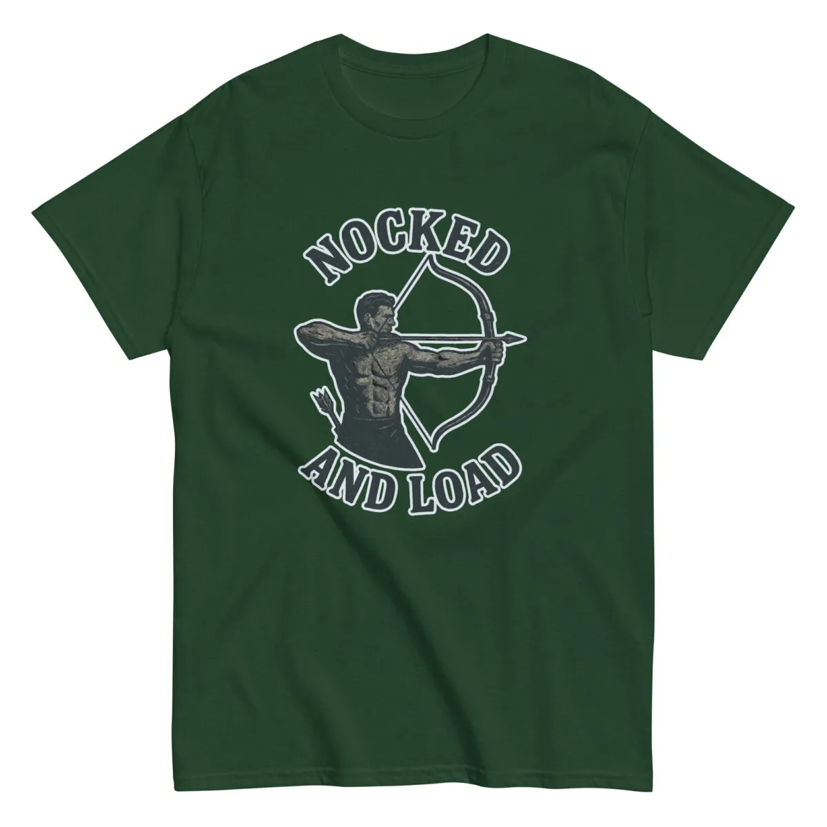Green shirt with archer graphic, text 'Nocked and Load'.