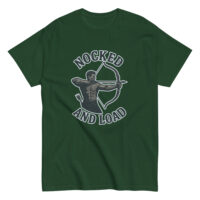 Green shirt with archer graphic, text 'Nocked and Load'.