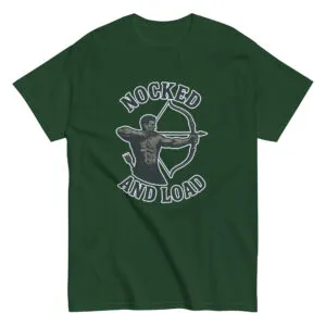 Green shirt with archer graphic, text 'Nocked and Load'.