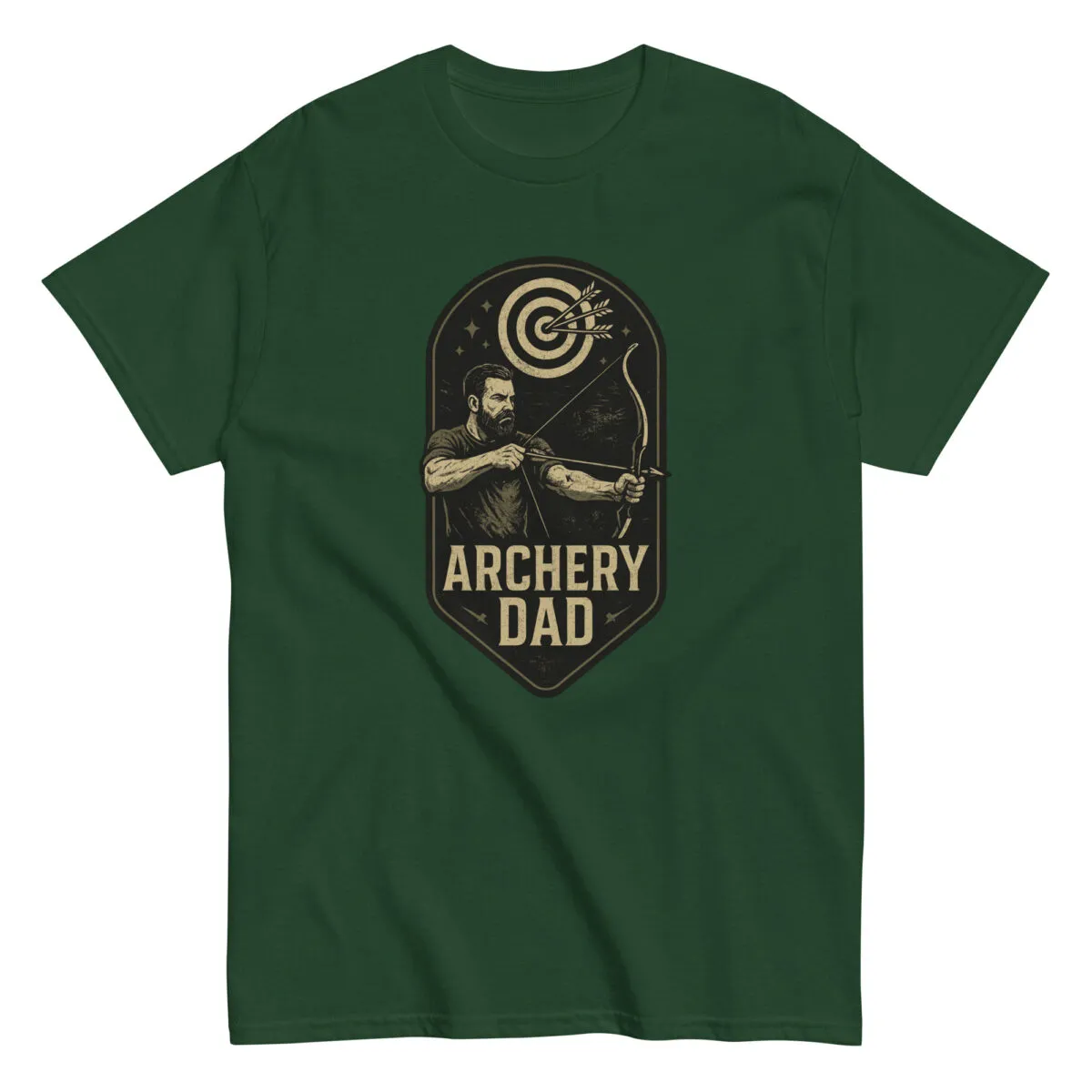 Green T-shirt with 'Archery Dad' graphic design.