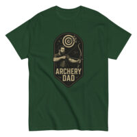 Green T-shirt with 'Archery Dad' graphic design.