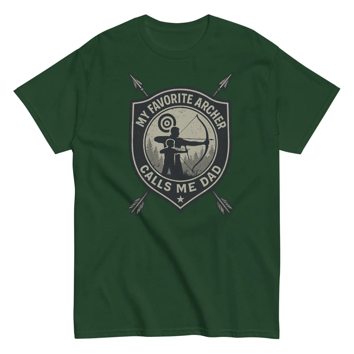 Green dad t-shirt featuring archer design and arrows.