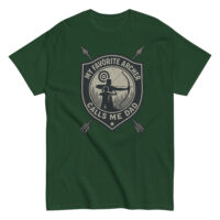 Green dad t-shirt featuring archer design and arrows.