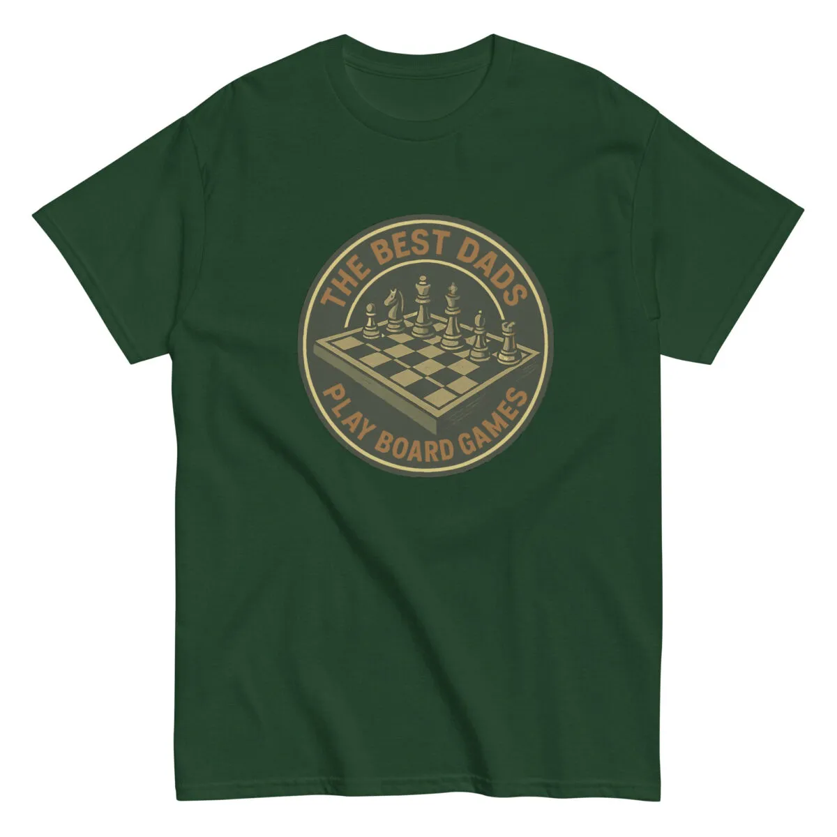 Green t-shirt chess design for dads loving board games.