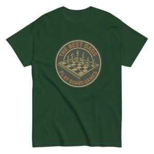 Green t-shirt chess design for dads loving board games.