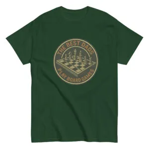Green t-shirt chess design for dads loving board games.