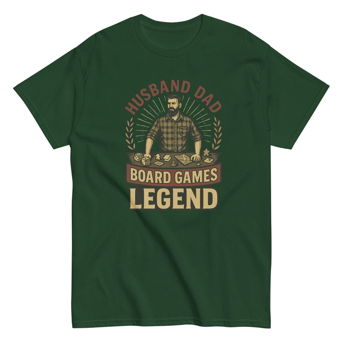 Green shirt with board games legend graphic.