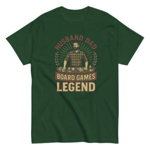 Green shirt with board games legend graphic.