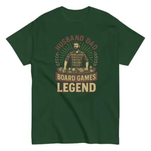 Green shirt with board games legend graphic.