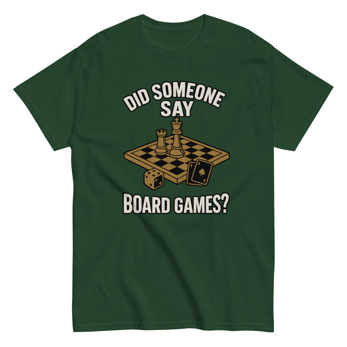 Green t-shirt with board game design and text