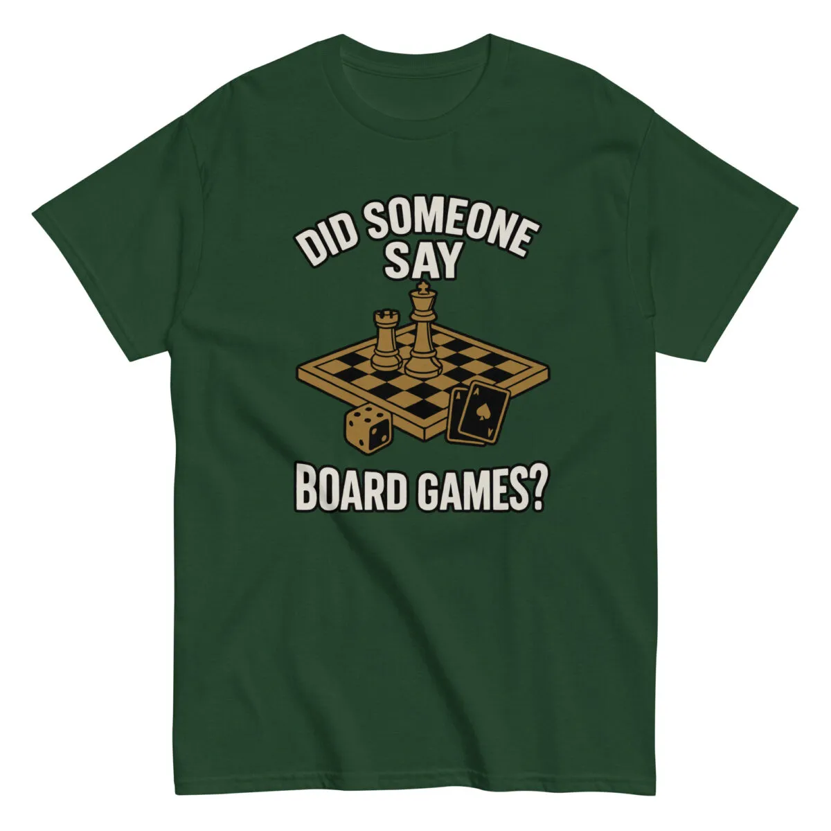 Green t-shirt with board game design and text