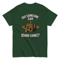 Green t-shirt with board game design and text
