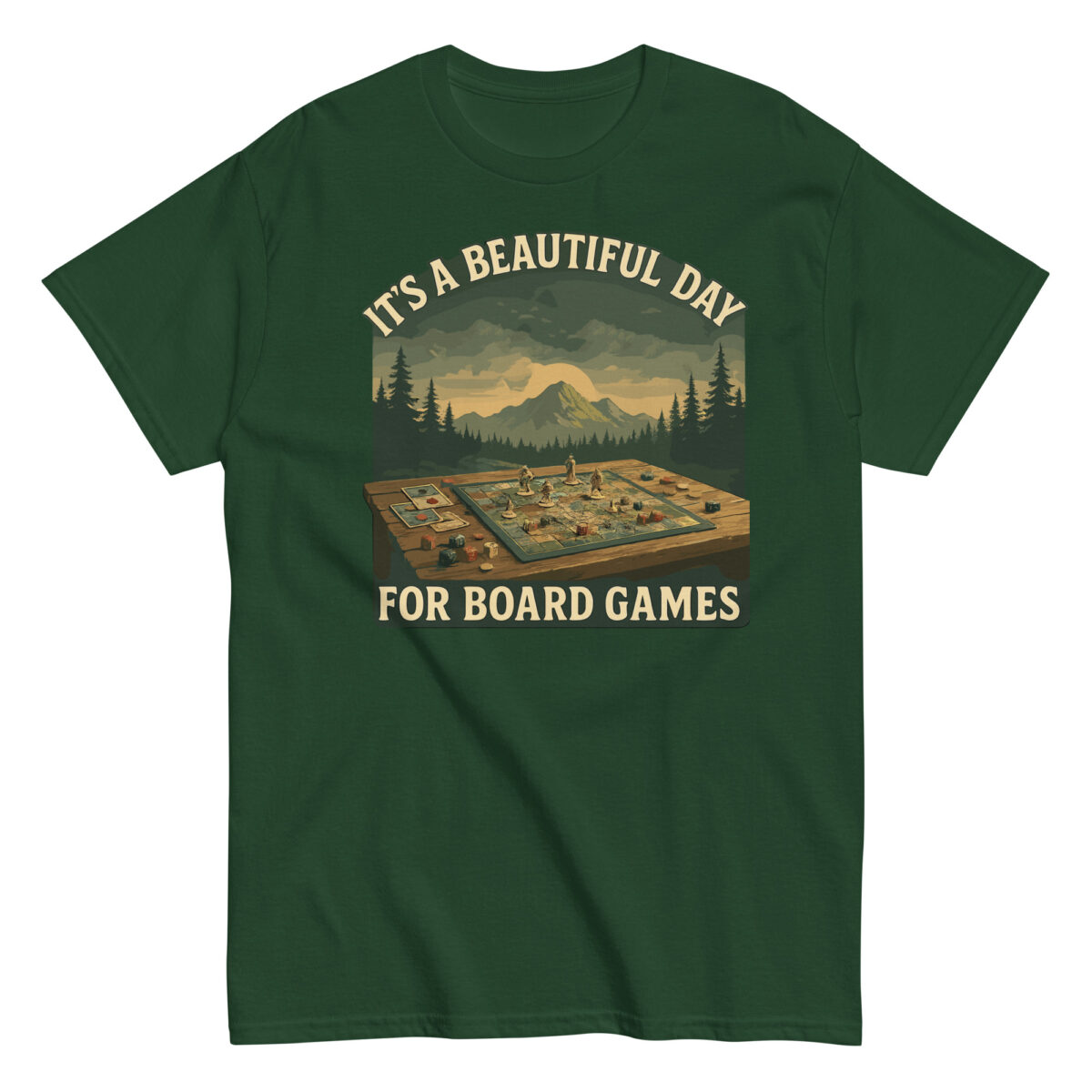 Green shirt with board game design and text.