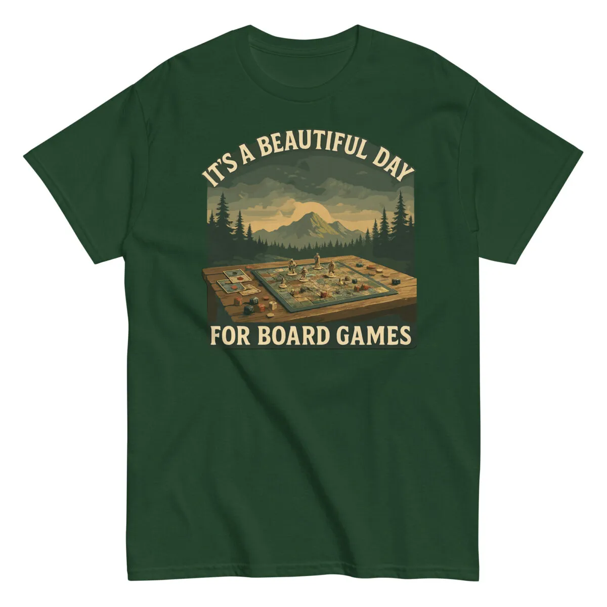 Green shirt with board game design and text.