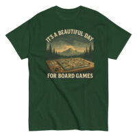 Green shirt with board game design and text.