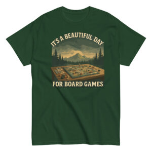 Green shirt with board game design and text.