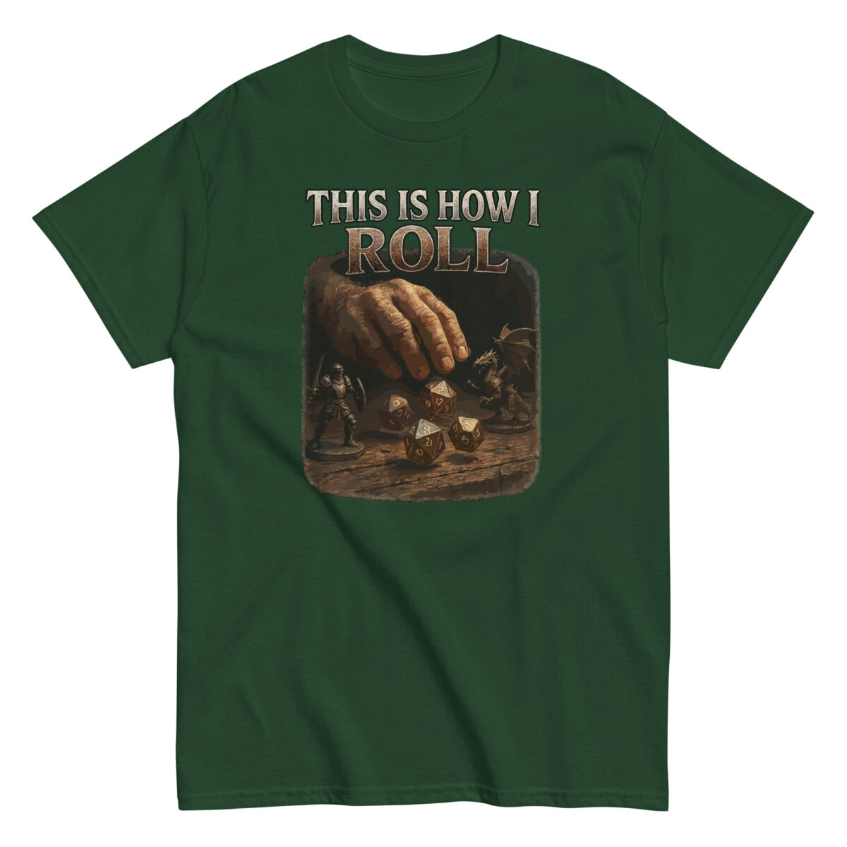 Green t-shirt with dice and fantasy figures design.