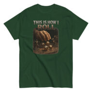 Green t-shirt with dice and fantasy figures design.