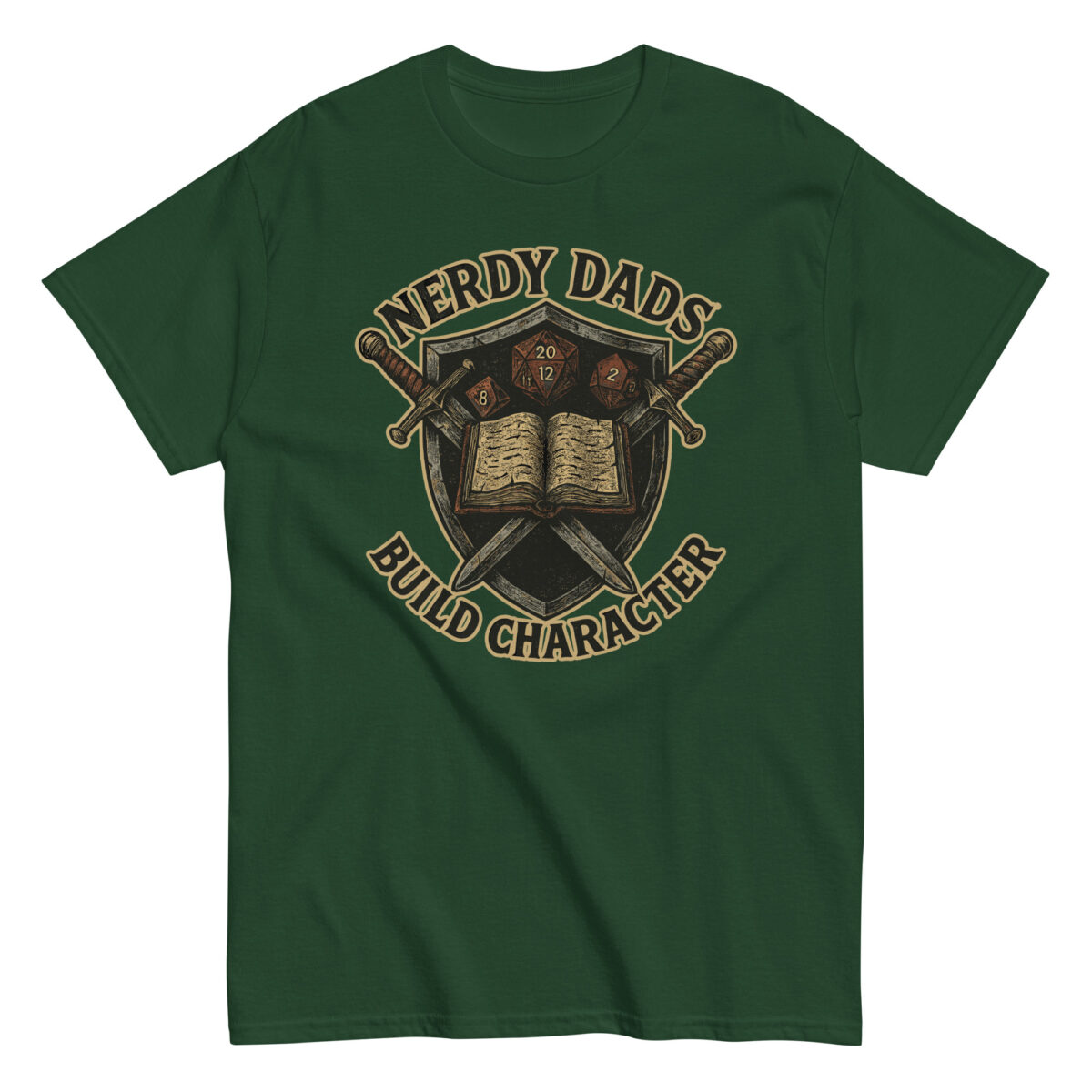 Green t-shirt with nerdy dad character design.