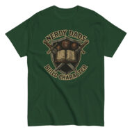 Green t-shirt with nerdy dad character design.