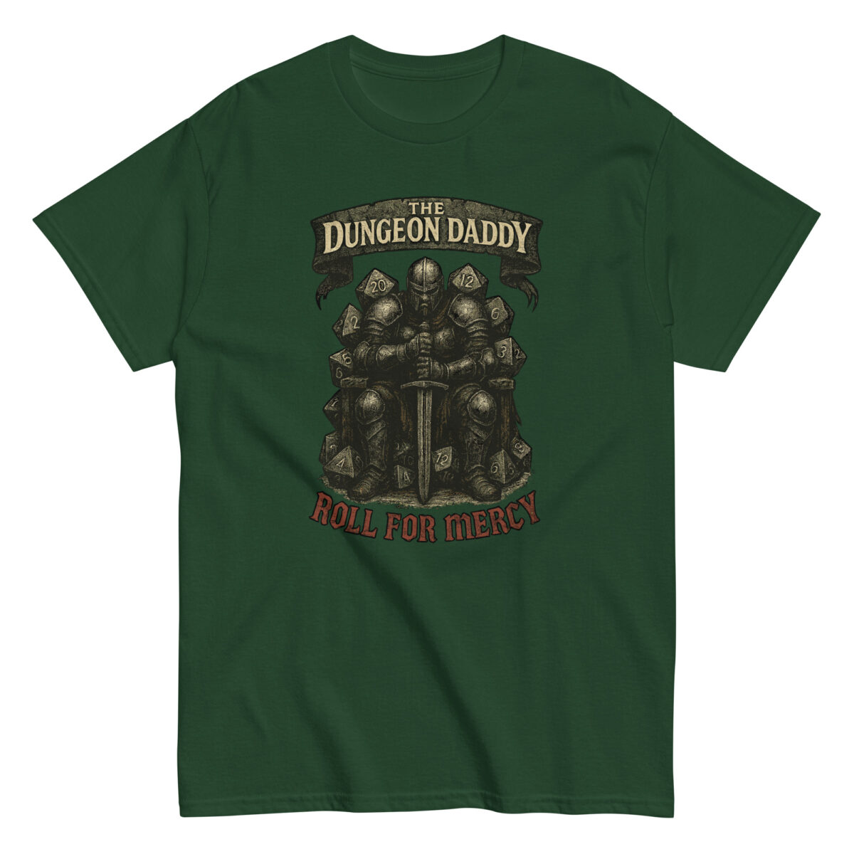 Green t-shirt with Dungeon Daddy design and text.