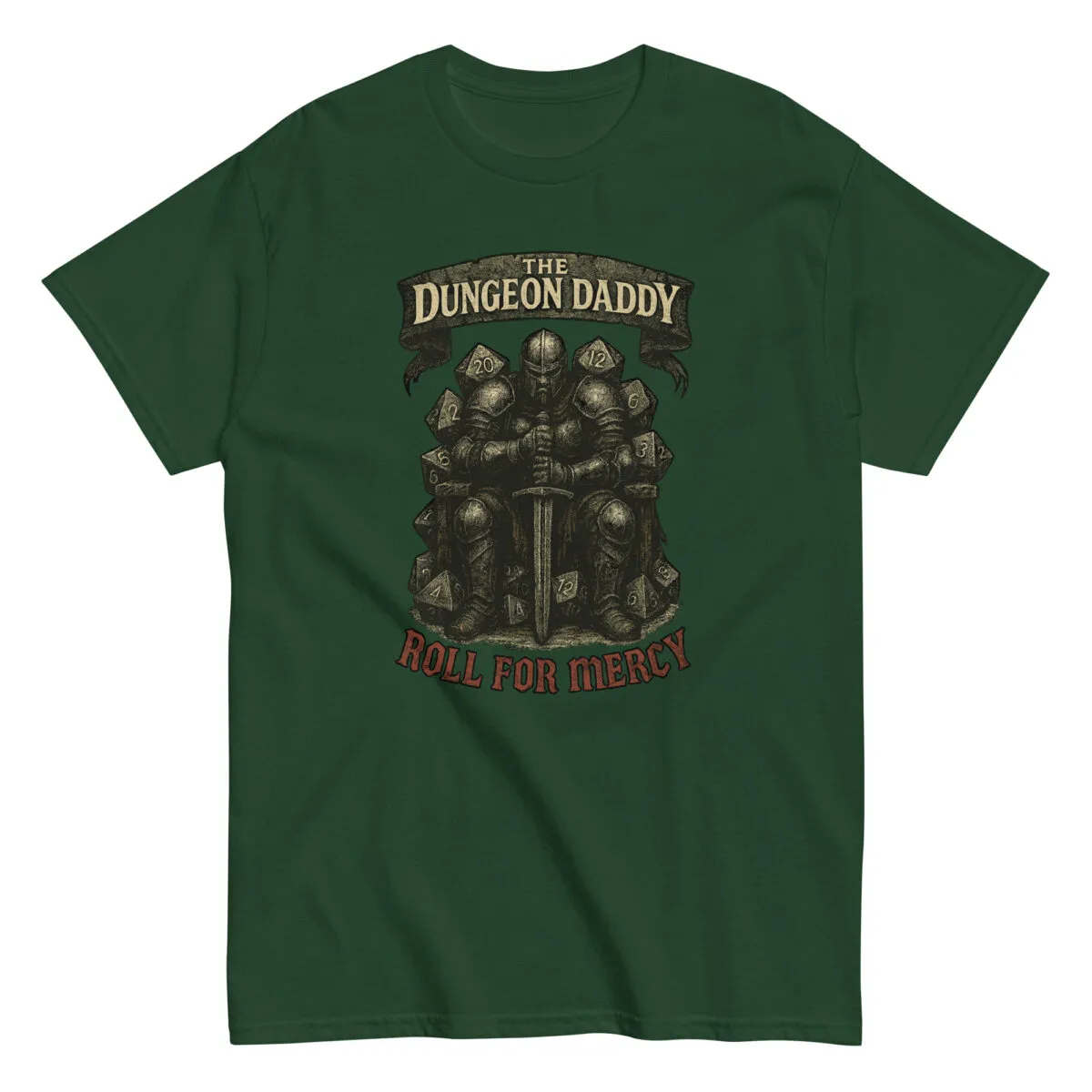 Green t-shirt with Dungeon Daddy design and text.