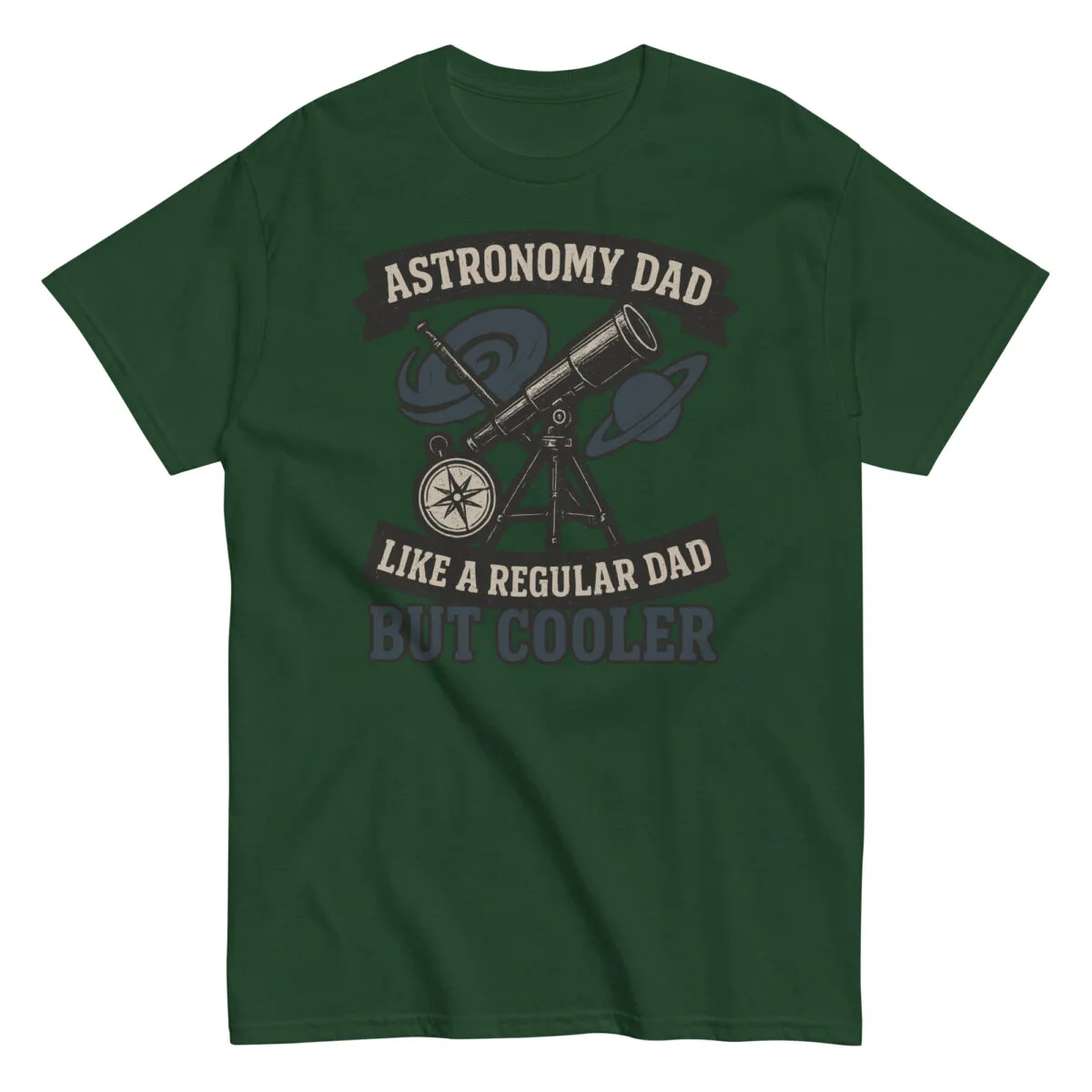 Green t-shirt with 'Astronomy Dad' design.