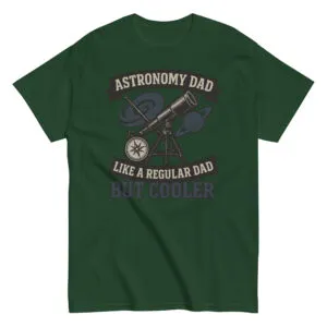 Green t-shirt with 'Astronomy Dad' design.