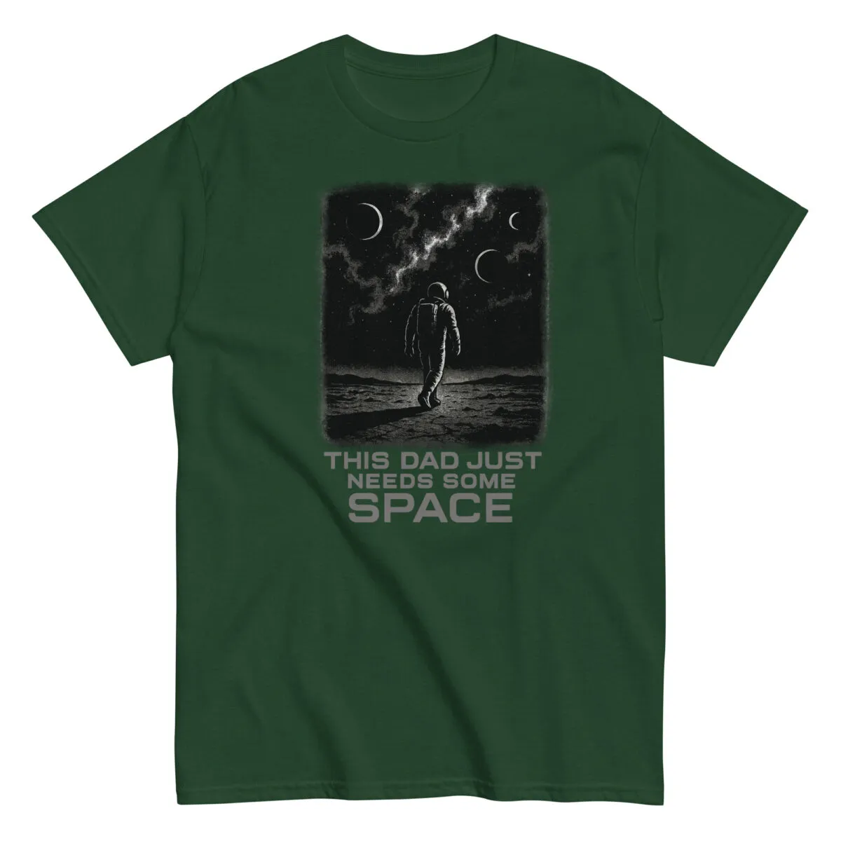 Green shirt with astronaut graphic and humorous text.