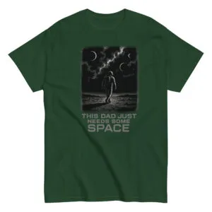 Green shirt with astronaut graphic and humorous text.