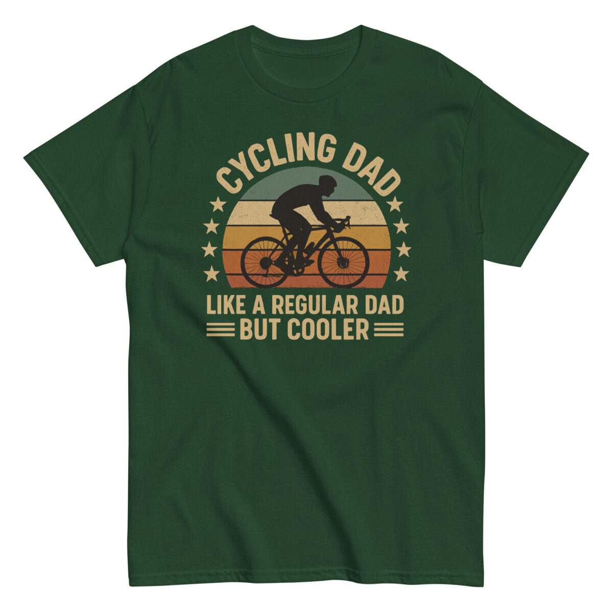 Green t-shirt with cycling dad design, retro style.