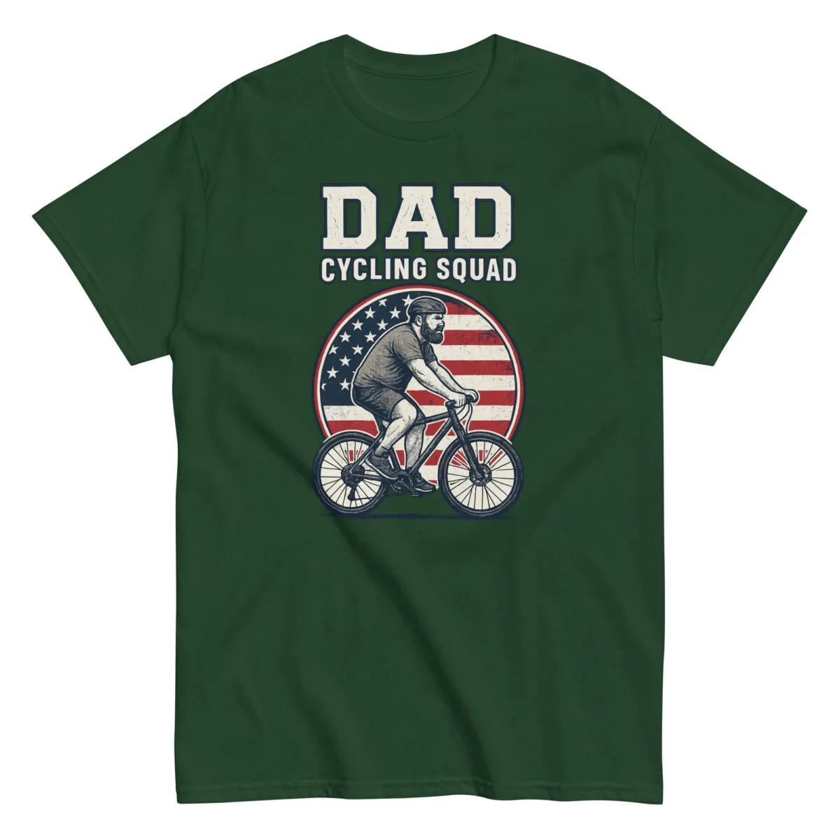 Green shirt with Dad Cycling Squad design.