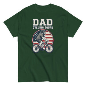 Green shirt with Dad Cycling Squad design.