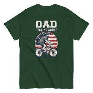 Green shirt with Dad Cycling Squad design.
