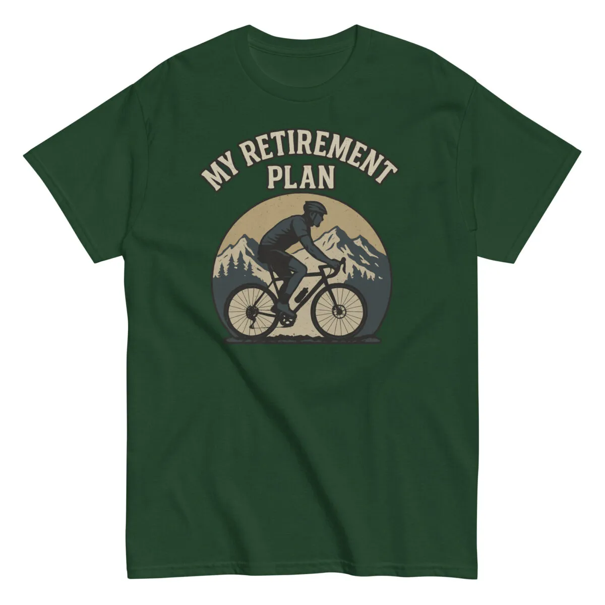 Green t-shirt with cyclist and mountain design, retirement theme.