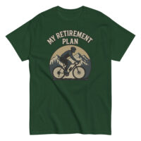 Green t-shirt with cyclist and mountain design, retirement theme.
