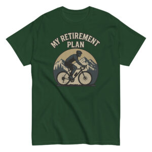 Green t-shirt with cyclist and mountain design, retirement theme.