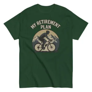 Green t-shirt with cyclist and mountain design, retirement theme.